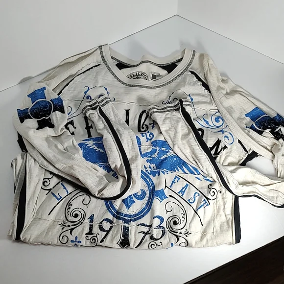 Men's M Affliction Long Sleeve T Shirt Cream Blue Ombre Eagle Fluer De Lis - Picture 4 of 5